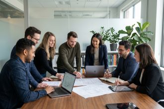 Groupe de professionnels web en réunion dans un bureau moderne