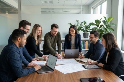 Groupe de professionnels web en réunion dans un bureau moderne