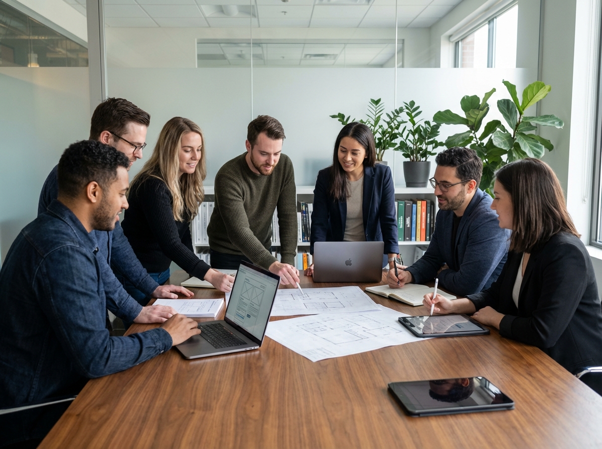 Groupe de professionnels web en réunion dans un bureau moderne