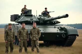 Équipage de chars français devant un Leclerc en plein entraînement