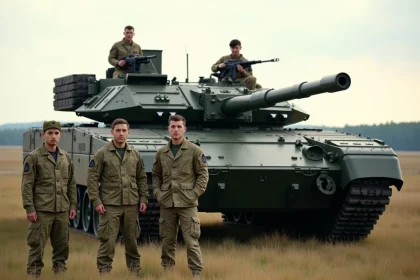 Équipage de chars français devant un Leclerc en plein entraînement