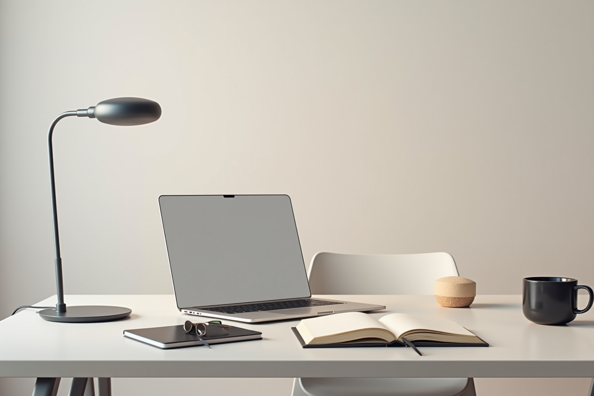 Espace de travail moderne avec ordinateur et lampe design