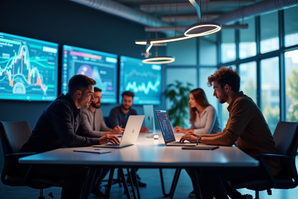 Espace de travail moderne avec écrans futuristes et jeunes professionnels