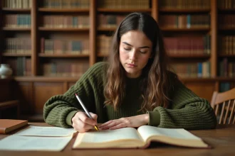 Étudiante en latin écrivant des chiffres romains dans une bibliothèque universitaire avec des livres anciens