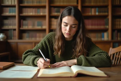 Étudiante en latin écrivant des chiffres romains dans une bibliothèque universitaire avec des livres anciens