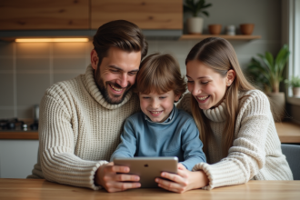 Famille moderne autour d'une table de cuisine chaleureuse