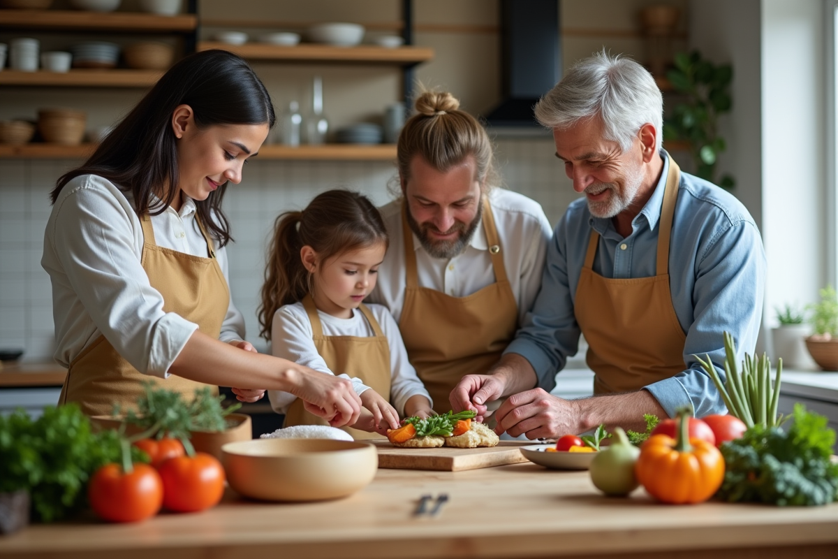Famille intergenerationnelle préparant un repas en cuisine