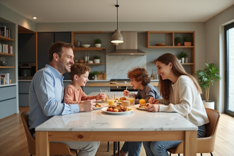Famille de quatre partageant un repas dans une cuisine moderne