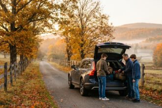 Famille chargeant des bagages dans un break sur une route de campagne entourée de feuillage automnal doré