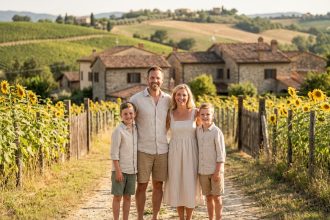 Famille souriante dans la campagne du sud de la France