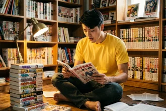 Fan de manga lisant One Punch Man entouré de volumes de mangas dans un appartement cosy