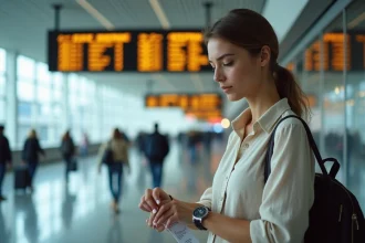 Femme à l'aéroport Charles de Gaulle regardant sa montre avant un vol pour la Guyane française