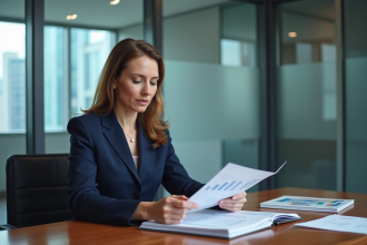 Femme d'affaires confiante en tailleur navy dans un bureau moderne