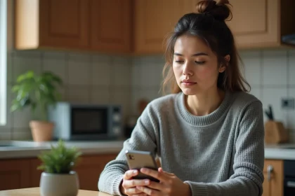 Femme tenant un smartphone affichant un appel entrant d'un numéro inconnu avec l'indicatif +34 (Espagne)