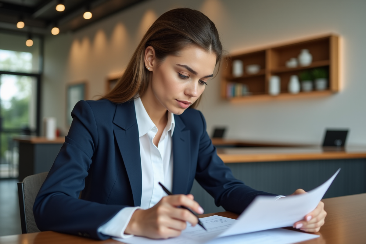 Jeune femme en banque examinant des documents