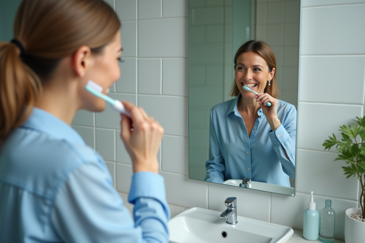 Femme se brossant les dents avec un pont dentaire dans une salle de bain