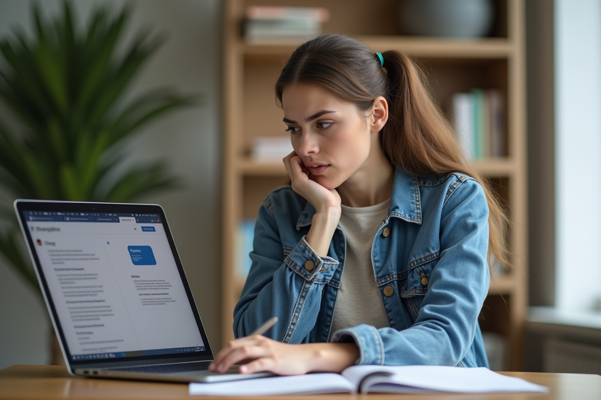 Jeune femme au bureau à domicile en denim et neutre