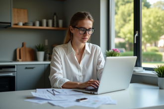 Femme concentrée comparant coûts d energie virtuelle