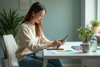 Jeune femme avec tablette dans un bureau durable