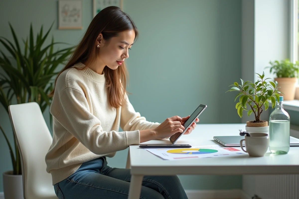 Jeune femme avec tablette dans un bureau durable