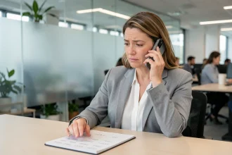 Femme professionnelle au bureau vérifiant un indicatif téléphonique inconnu sur son smartphone avec une expression perplexe