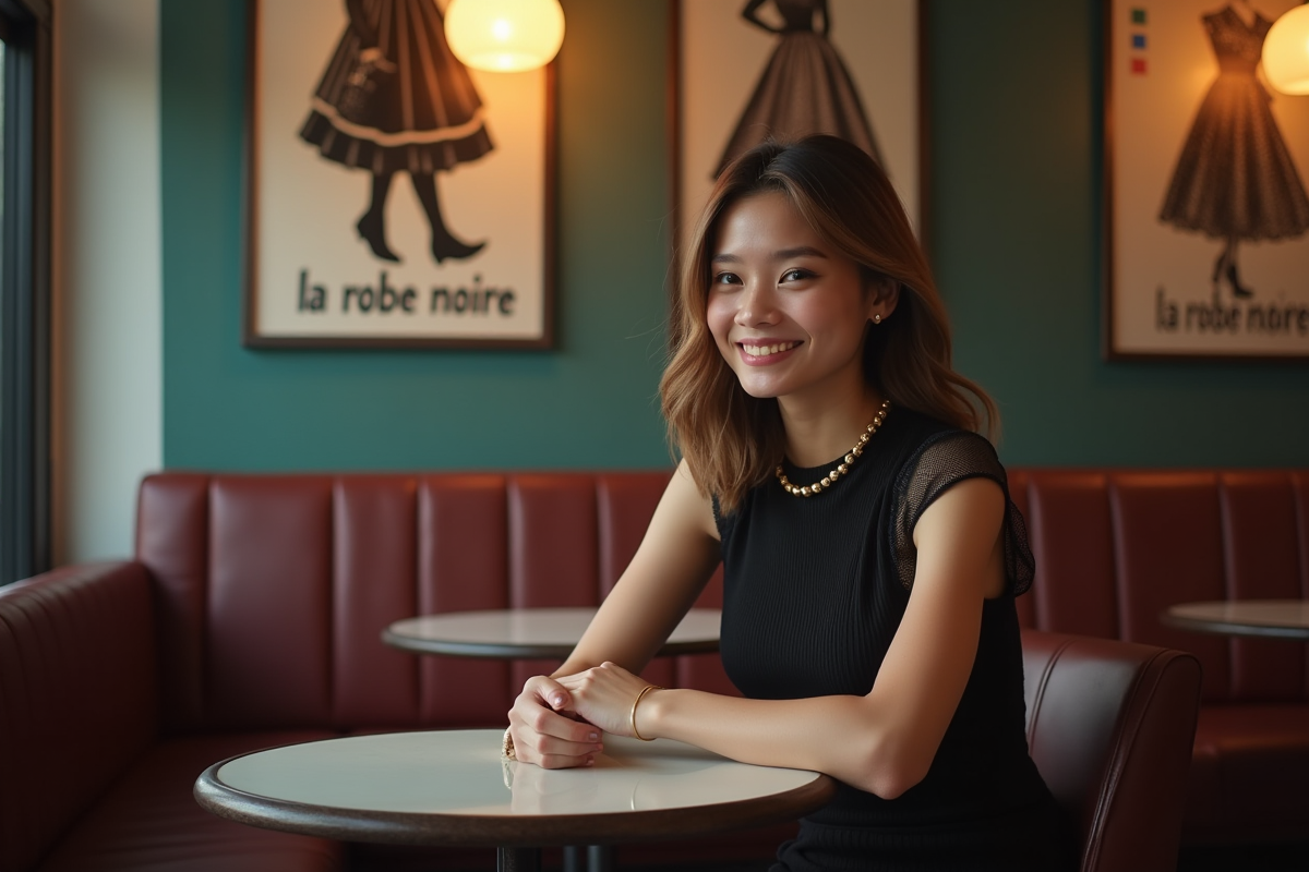 Jeune femme souriante dans un café chic avec posters vintage
