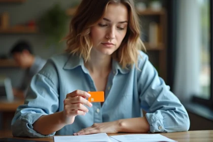 Jeune femme tenant une carte SIM Orange entre les doigts, comparant les offres prépayées et abonnements sur son bureau