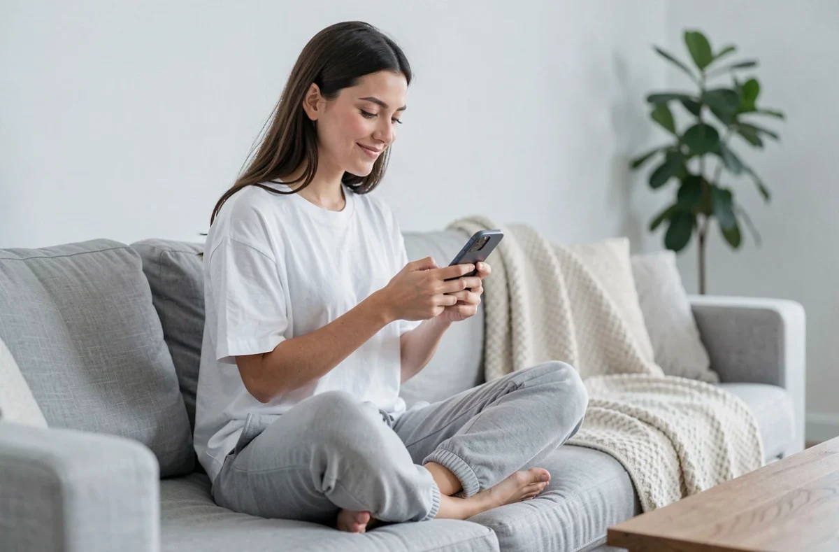 Jeune femme souriante lisant une citation positive sur son smartphone dans un salon minimaliste