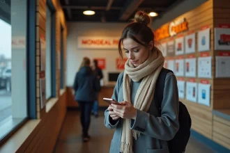 Femme regardant son téléphone devant un point Mondial Relay