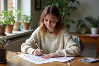 Femme en sweater coloriant un motif champignon dans une ambiance chaleureuse