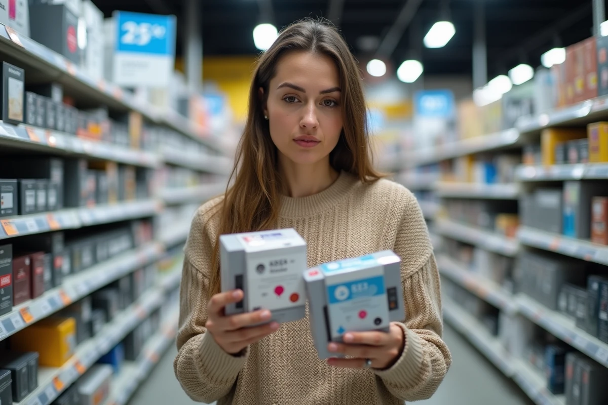 Femme comparant des prix de cartouches d'encre dans une papeterie luxembourgeoise face aux hausses tarifaires de 2026