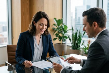 Femme en blazer marine consultant un conseiller en investissement immobilier dans un bureau moderne avec vue sur la ville