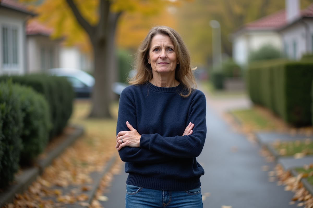 Femme d'âge moyen en réflexion dans un quartier résidentiel