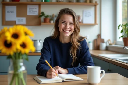 Femme souriante écrivant dans un journal cosy dans une cuisine