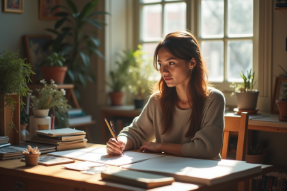 Femme pensante assise à un bureau en studio lumineux