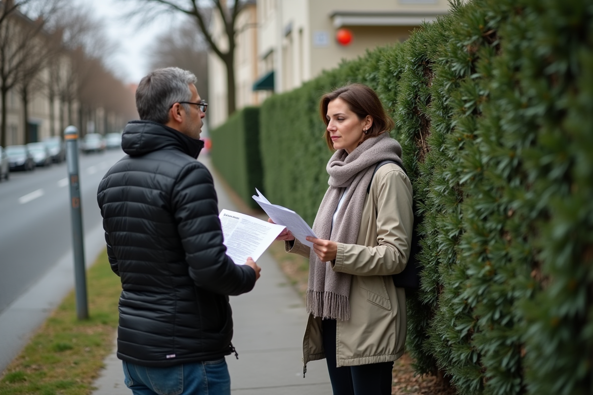Femme discutant avec un voisin devant une haie verte en ville