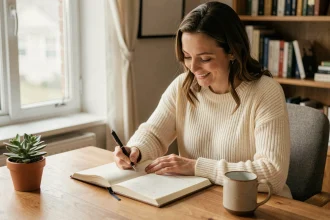 Femme écrivant une citation positive dans un journal intime à son bureau en bois, ambiance chaleureuse et cosy