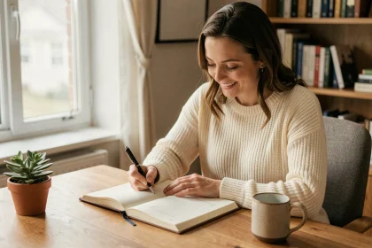 Femme écrivant une citation positive dans un journal intime à son bureau en bois, ambiance chaleureuse et cosy