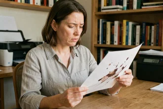 Femme examinant un document imprimé avec des problèmes d'encre spectaculaire sur une feuille blanche