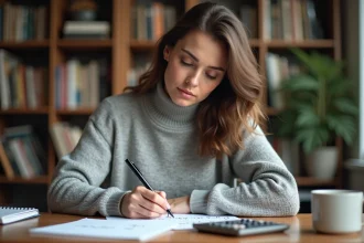 Femme écrivant une formule de conversion pourcentage et degré sur un bloc-notes dans un bureau à domicile moderne