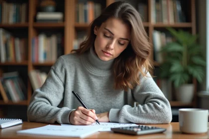 Femme écrivant une formule de conversion pourcentage et degré sur un bloc-notes dans un bureau à domicile moderne