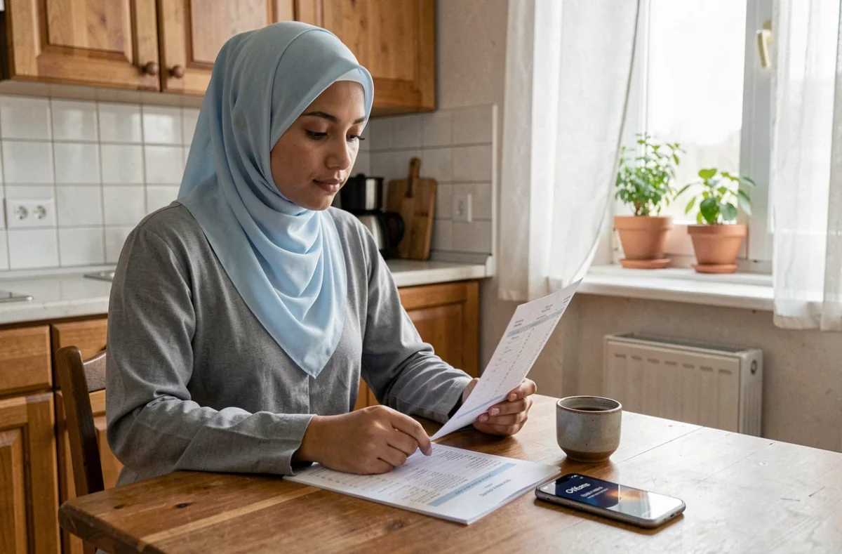 Jeune femme voilée consultant un tableau des horaires de prière sur smartphone à Orléans