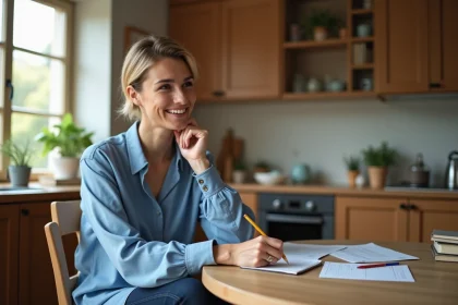 Jeune femme souriante prenant des notes dans une cuisine lumineuse