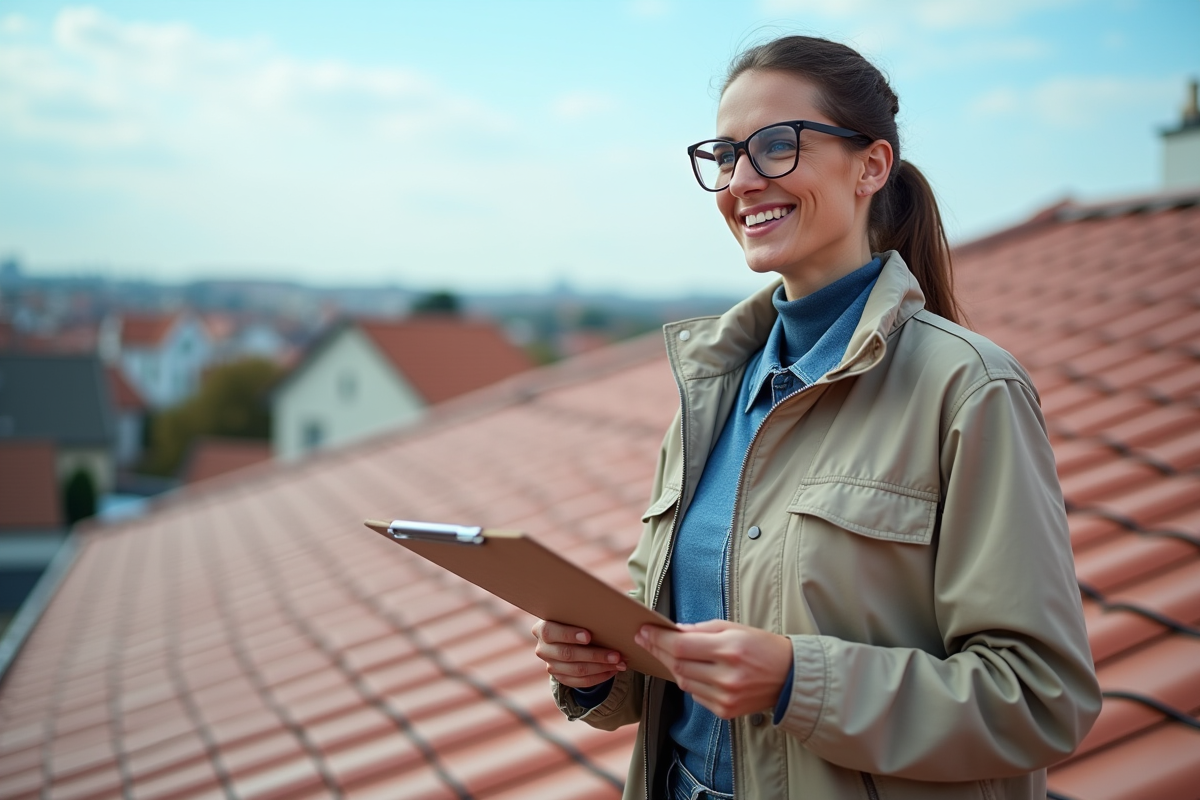 Femme inspectant un toit en tuiles fraîchement peintes