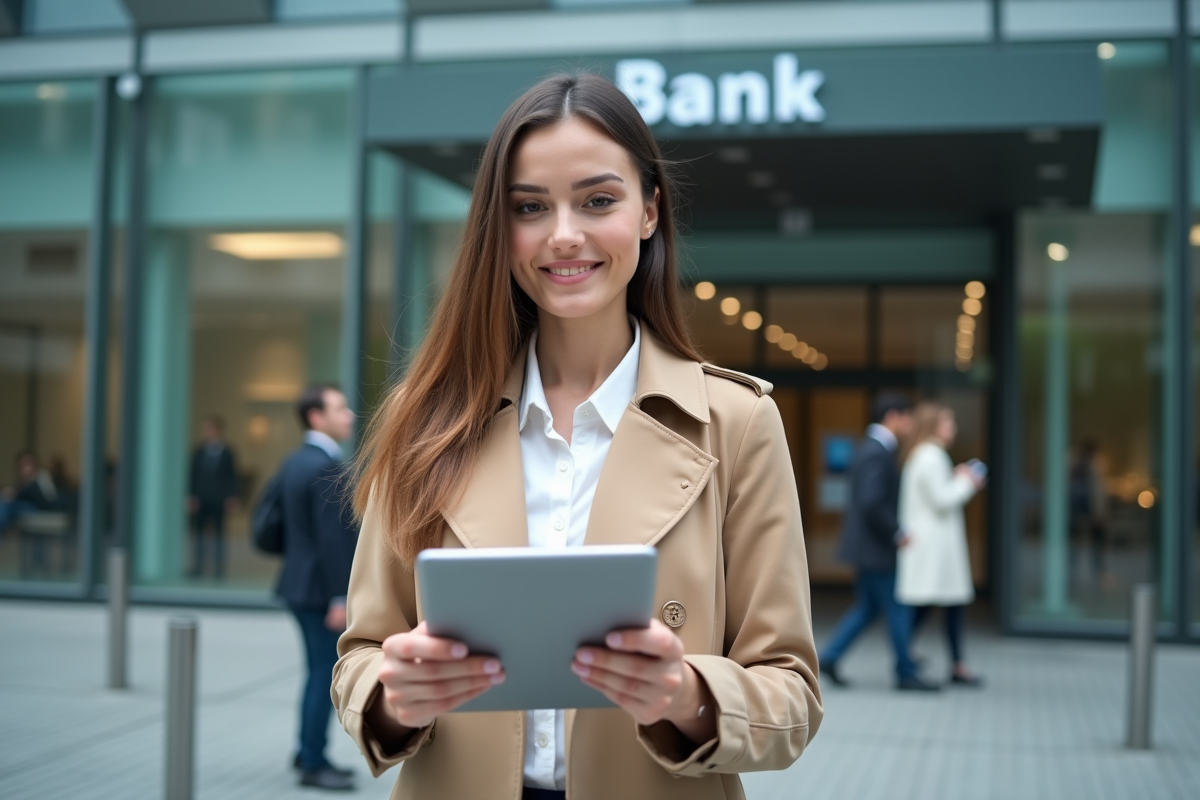 Femme souriante utilisant une tablette devant une banque moderne