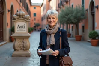 Femme italienne souriante devant le panneau Asti dans une piazza