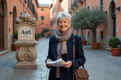 Femme italienne souriante devant le panneau Asti dans une piazza