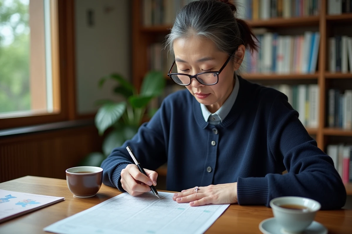 Femme japonaise concentrée sur une grille de mots fléchés avec des noms de villes du Japon dans un bureau cosy