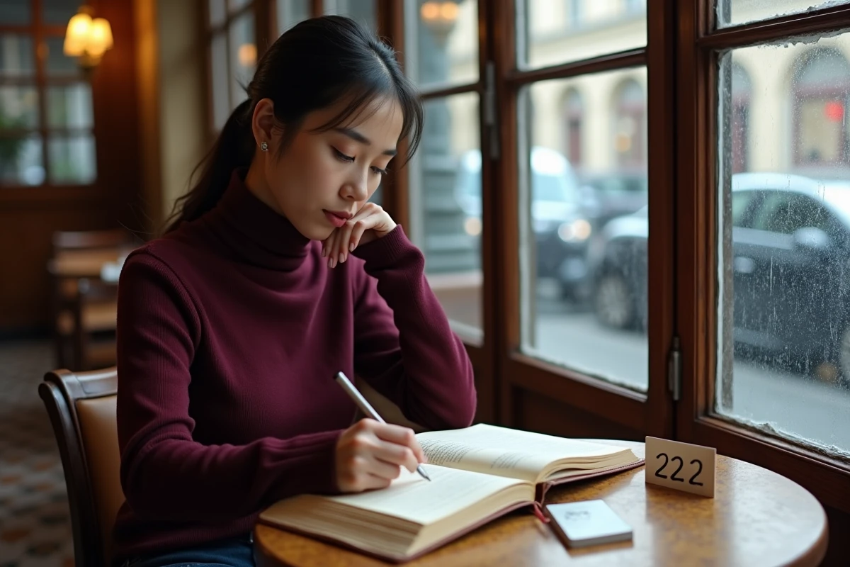 Femme écrivant dans un journal au café avec le nombre 2222 visible sur la table, symbolisant la quête spirituelle de la flamme jumelle