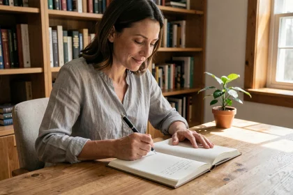 Femme écrivant un dicton sur la confiance dans un journal intime posé sur un bureau en bois